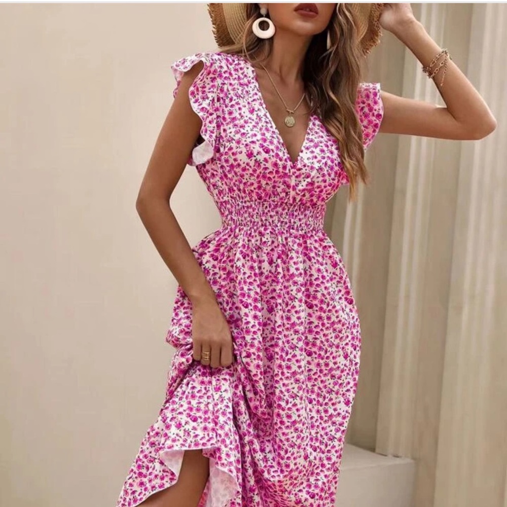 SHEIN Ditsy Floral Print Butterfly Sleeve Shirred Ruffle Hem Dress Size XS